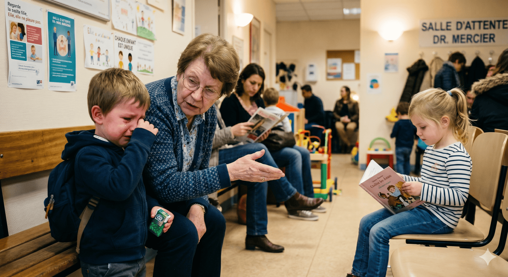 Une grand-mère compare un petit garçon en pleurs à une petite fille sage